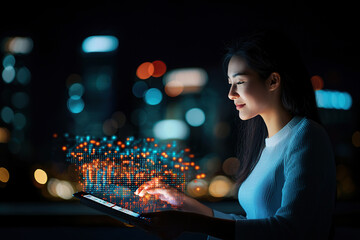 woman interacts with digital interface on tablet, with glowing data visualizations in cityscape at night