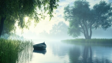 Serene morning mist over tranquil lake with lone boat