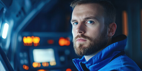Caucasian young adult man in control room wearing blue jacket focused on technology and innovation