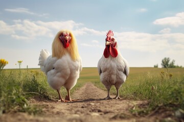 Fototapeta premium white chicken on a meadow