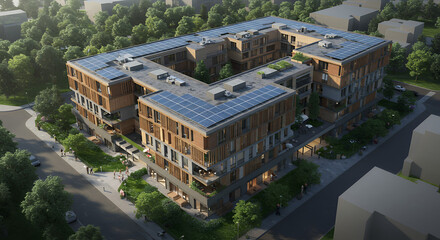 Fototapeta premium Eco-Friendly Apartment Building with Solar Panels - Sustainable Urban Design