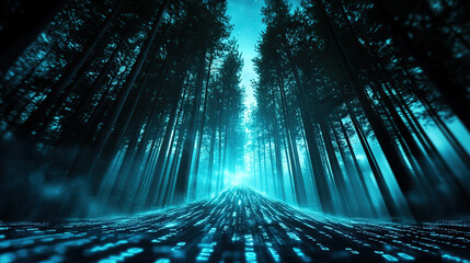 glowing forest of radiant metrics symbolizes fusion of nature and technology, with digital elements illuminating path through trees, creating futuristic atmosphere