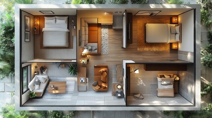 Modern luxurious apartment interior with a cozy living room bedroom and bathroom in a stylish urban design. Generative AI