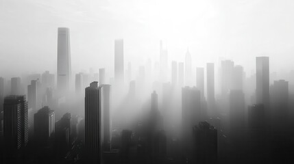 Fototapeta premium Foggy city skyline with skyscrapers shrouded in haze and mist during a gloomy day