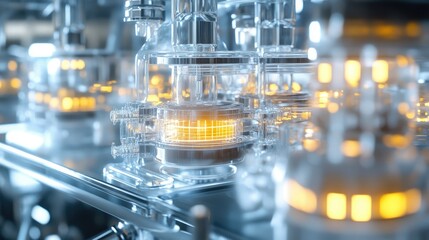 Fototapeta premium Illuminated Glass Reactors in a Modern Laboratory