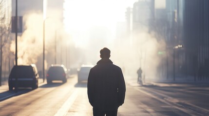 Fototapeta premium Man walking down a foggy street highlighting urban asthma risks and environmental concerns