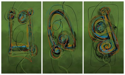 Modern interior triptych. The picture is painted by hand on a tablet.