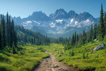 Obraz premium Majestic Mountain Peaks with Snow-Capped Summits, Clear Blue Sky, and a Valley Below Filled with Lush Evergreen Trees, Representing Natural Beauty and Wilderness