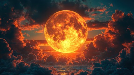 Fiery Orange Moon Rising Over Dramatic Cloudscape