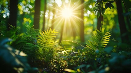 A lush forest with diverse wildlife, sunlight filtering through the leaves, creating a peaceful eco-haven 