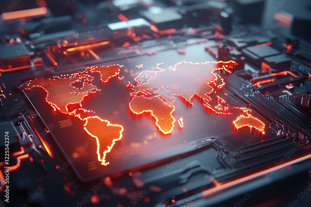 Wall mural glowing digital map of world is displayed circuit board, symbolizing global connectivity and technol