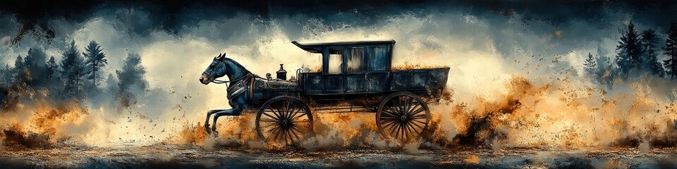Obraz premium A lone horse-drawn carriage speeds through a fiery landscape, leaving a trail of dust and smoke in its wake.