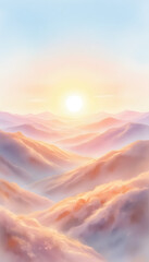 Watercolor illustration of a sunrise over hills with a serene and romantic feeling against a pastel-toned sky with copy space