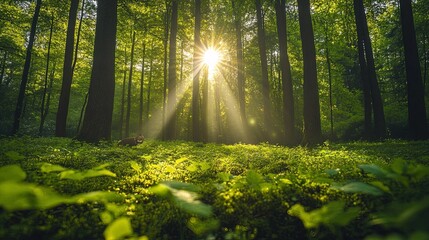 Fototapeta premium A lush forest with diverse wildlife, sunlight filtering through the leaves, creating a peaceful eco-haven 