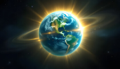 Digital painting of Earth and sun alignment, rich blue and green tones with golden sunlight glow, dramatic cosmic scene against deep space background, awe-inspiring and mystical mood