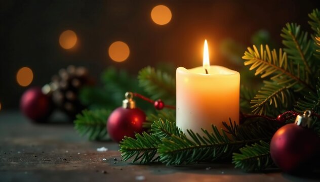 A fragrant pine scent wafts from a lit candle amidst festive holiday decorations, pine, fragrance, scented candles