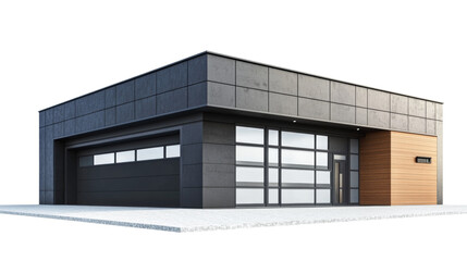 A sleek modern garage building with dark grey concrete exterior and wood accents, showcasing a contemporary design aesthetic.