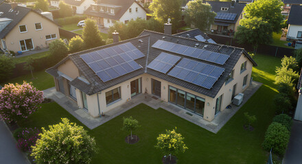 Aerial View of Modern Eco-Friendly House with Solar Panels