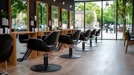 Modern hair salon interior, stylish chairs, city view