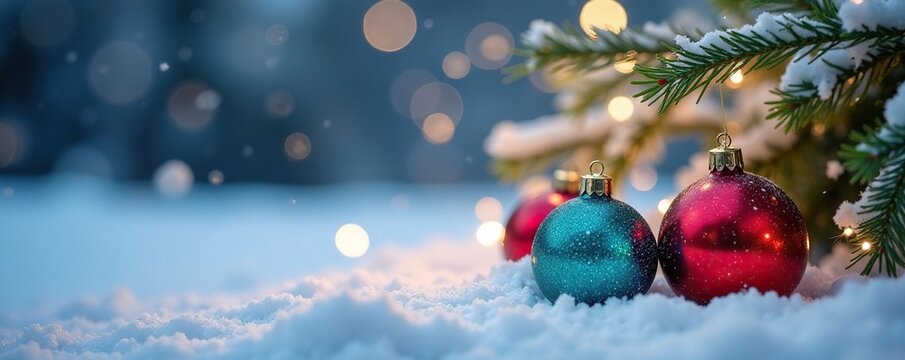 Colorati palli natalizi cadendo sulla neve bianca, winter, decorations, christmas ornaments