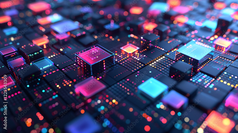 Poster futuristic circuit board with glowing processor chips