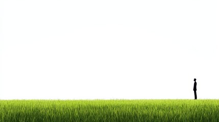 A solitary figure stands in a vast green field under a bright sky, contemplating nature's beauty