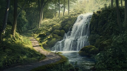 Fototapeta premium Scenic waterfall flows into a stream, beside a forest path, for nature, background