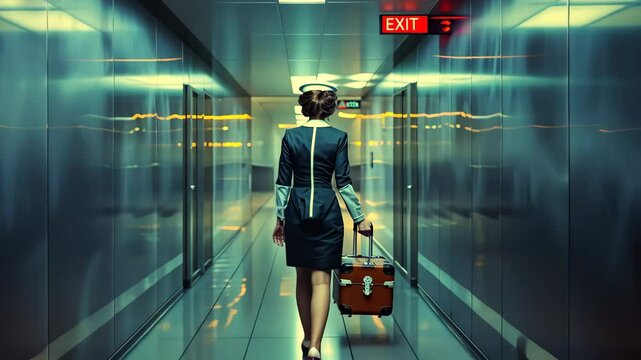 A flight attendant dressed in a classic uniform walks confidently down a brightly lit airport corridor, pulling a vintage suitcase behind her, creating a striking visual.