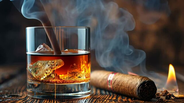 A glass filled with whiskey and ice rests on a weathered wooden table, accompanied by a lit cigar, while wisps of smoke gently rise into the air.