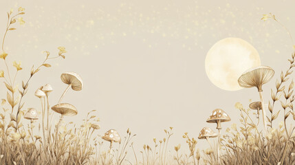 A scenic portrayal of a moonlit meadow with delicate mushrooms glowing faintly in soft gold hues, framed by whimsical floral borders