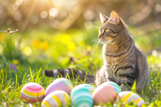 Tabby cat with colorful easter eggs in spring garden
