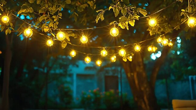 Glowing string lights illuminate a tranquil evening garden setting, creating a magical ambiance