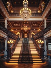 Soft natural light blends with the warm glow of a chandelier in a luxurious hotel lobby with polished steps
