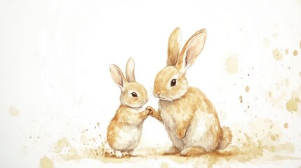 Watercolor, cute and adorable baby bunny standing next to mother rabbit, holding hands. Clipart vector illustration on a white background, with a soft beige color tone