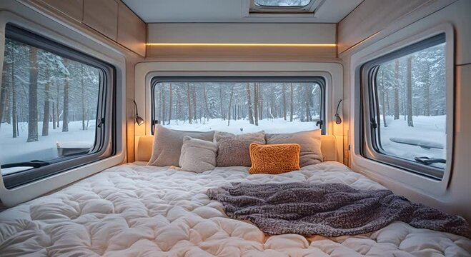Cozy winter bedroom in a camper van surrounded by snowy pine trees, softly lit interior