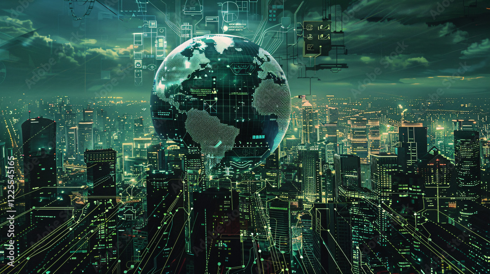 Poster digital globe over cityscape with technological interface