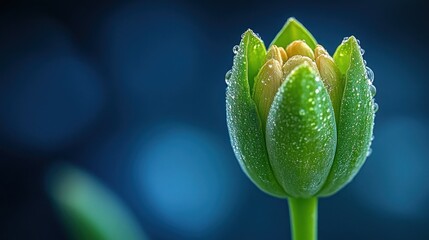 Dew-kissed tulip bud, dark background, spring