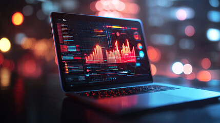 laptop displaying vibrant data analytics and graphs in futuristic cityscape, with glowing lights in background, showcasing digital branding campaign
