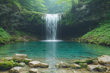 Secluded Mountain Waterfall: A hidden waterfall cascading down rugged rocks into a tranquil pool surrounded by moss-covered stones and dense forest, evoking serenity and natural beauty