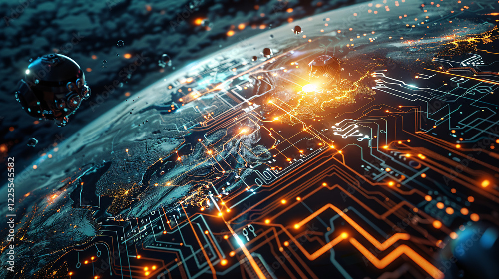Poster Digital illustration of earth with glowing network lines and data streams symbolizing global technology