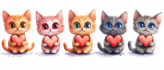 Fototapeta premium Adorable Cartoon Cats with Heart Illustrations for Cat Lovers and Greeting Cards