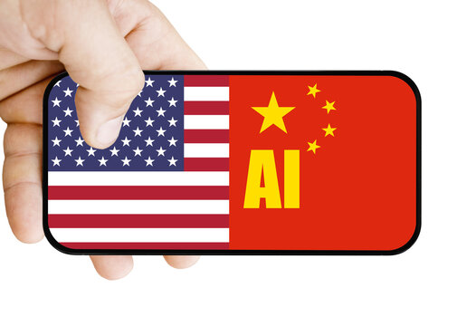 Phone with US and China flags. China and US artificial intelligence or AI competitions