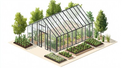 Botanical Isometric Greenhouse with Lush Surroundings for Eco-Friendly Designs