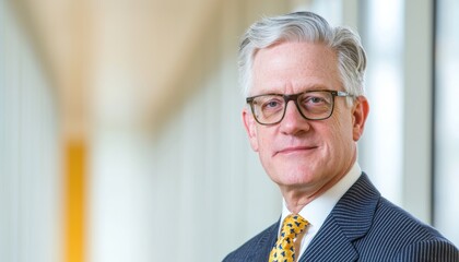 A professional man with gray hair and glasses poses confidently, wearing a striped suit and a patterned tie, with a softly blurred background.