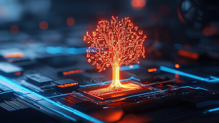 glowing tree adorned with data metrics and symbols stands circuit board, symbolizing integration of technology and nature. vibrant orange light contrasts with dark background, creating futuristic