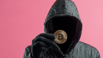 Cryptocurrency enthusiast wearing black hooded jacket holding Bitcoin coin in front of pink background emphasizing digital finance and anonymity in trading.
