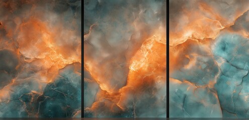 Cosmic Canvas: A captivating abstract triptych featuring ethereal, swirling clouds of vibrant blue, orange, and gold hues, evokes a sense of otherworldly wonder and cosmic beauty.