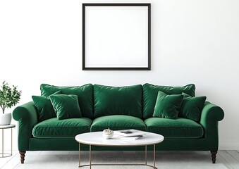 Minimalist Scandinavian living room with white walls, green velvet sofa, and modern coffee table