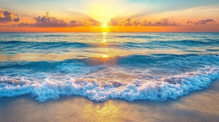 Obraz premium Serene Ocean Sunset Waves Crashing Gently On Sandy Shore