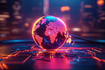 glowing digital globe with vibrant colors and data connections, symbolizing global connectivity and technology. background features blurred cityscape, enhancing futuristic theme